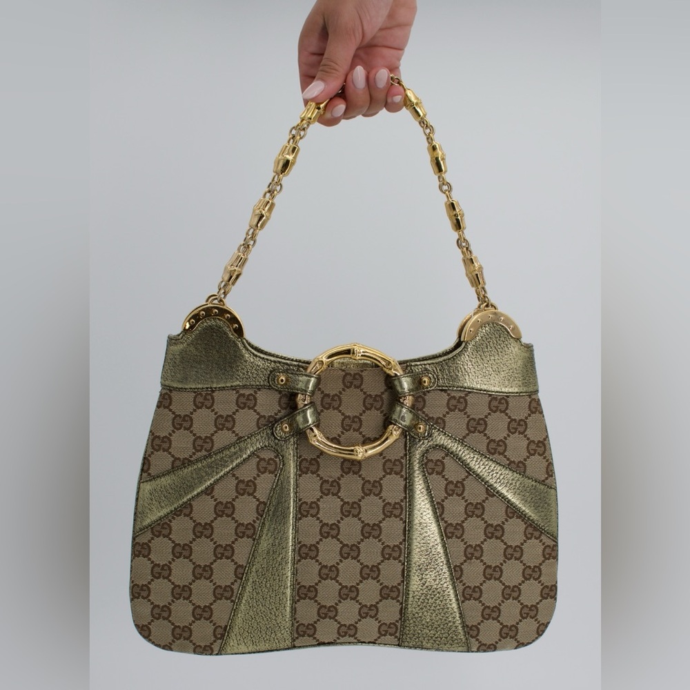 Authentic Rare Vintage Gucci Metallic Monogram Bamboo Chain TomFord Shoulder Bag